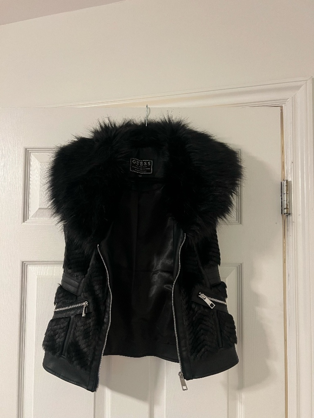 Guess Faux Fur Moto Vest Black XS – Leather Look Luxe Statement Piece